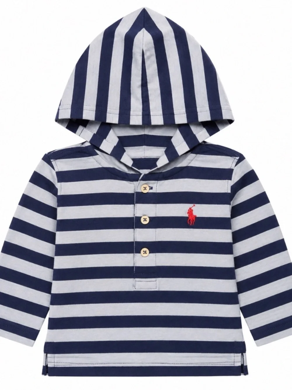 Polo by Ralph Lauren Boys Navy and White Striped Hooded Shirt - 3 months